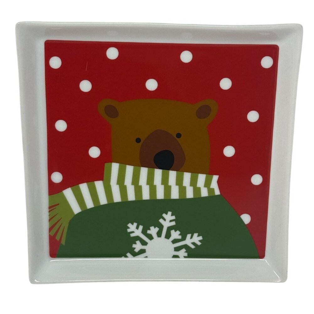 Crate & Barrel Ceramic Holiday Bear Square Dessert Plate Joan Anderson 6x6